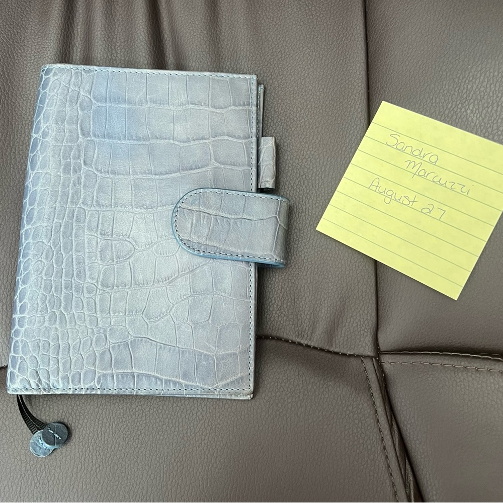 Gillio Appunto slim in A6 size. Well loved. Blue matte croco.